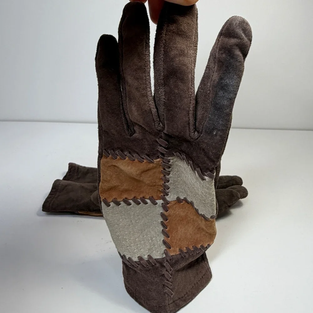 Vintage Faux Suede Gloves Orvis Womens One Size Patchwork Brown Boho Western